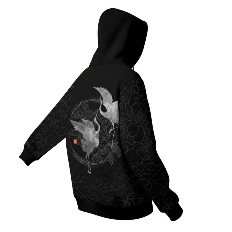 Sweat Japonais Noir Avec Design Grue Artistique
