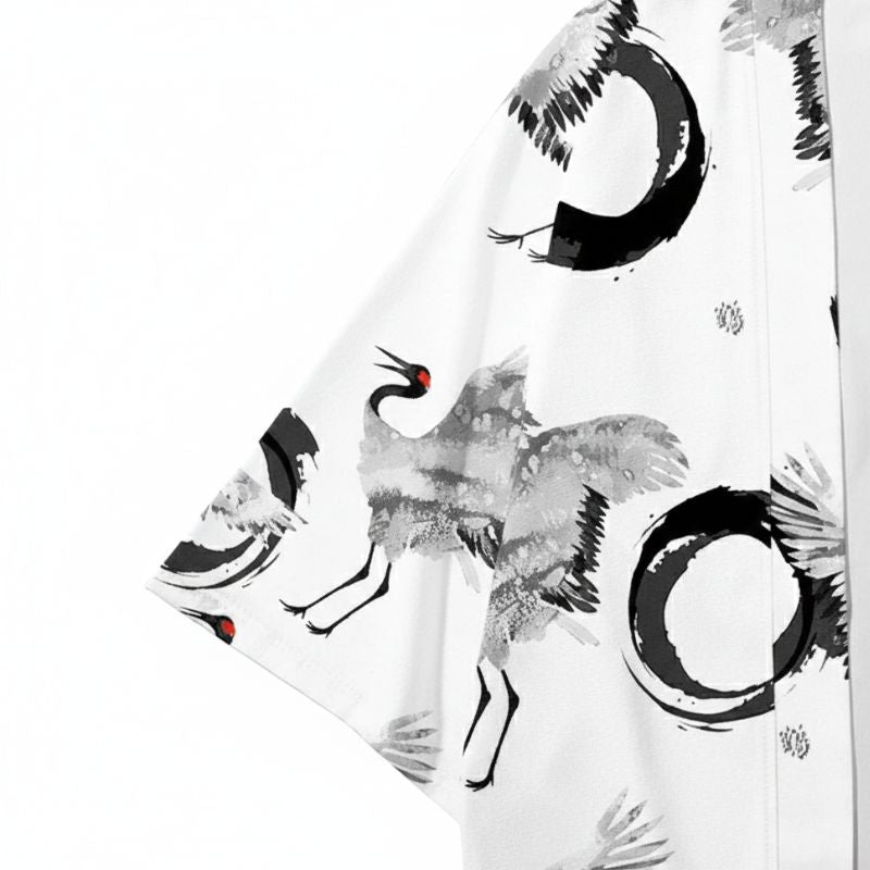 Haori Homme Japonais Blanc Motif Grues et Cercle Enso