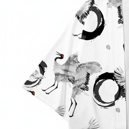 Haori Homme Japonais Blanc Motif Grues et Cercle Enso
