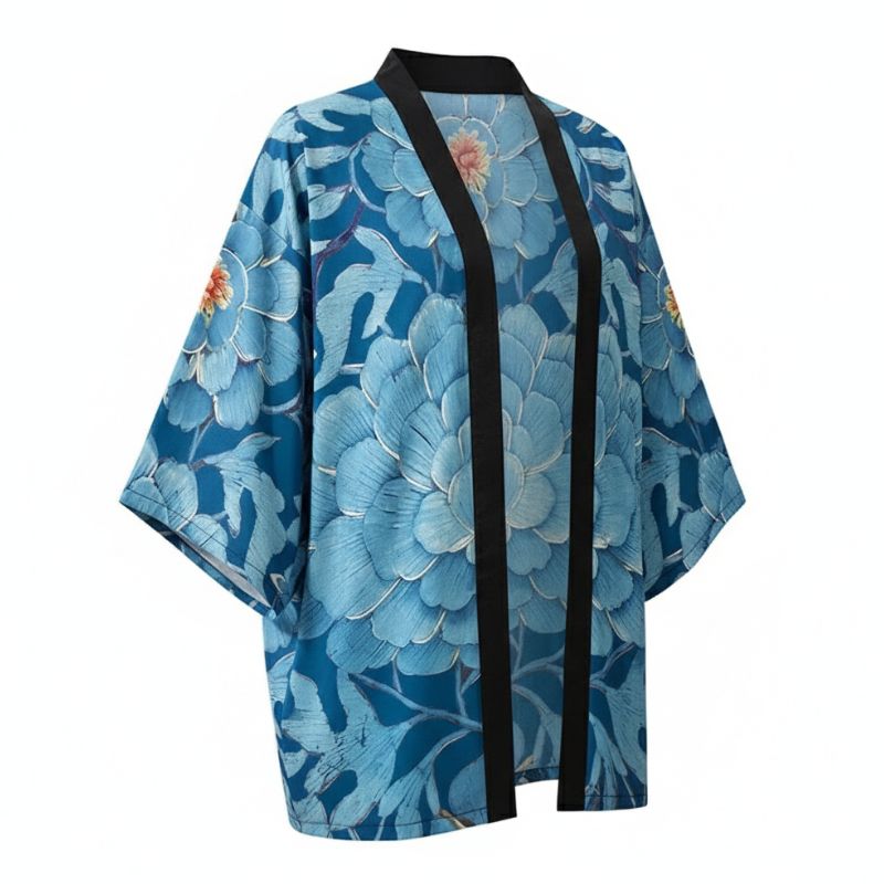 Veste Kimono Bleu En Motif Fleur Géante Artistique