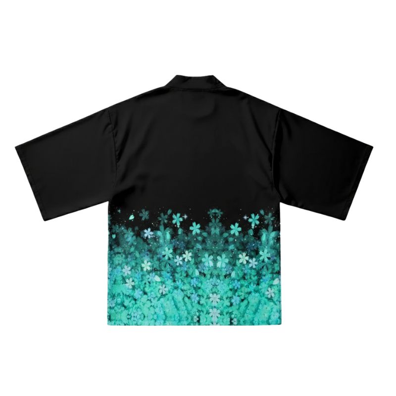 Haori Femme Noir En Motif Fleurs Turquoise Dégradé