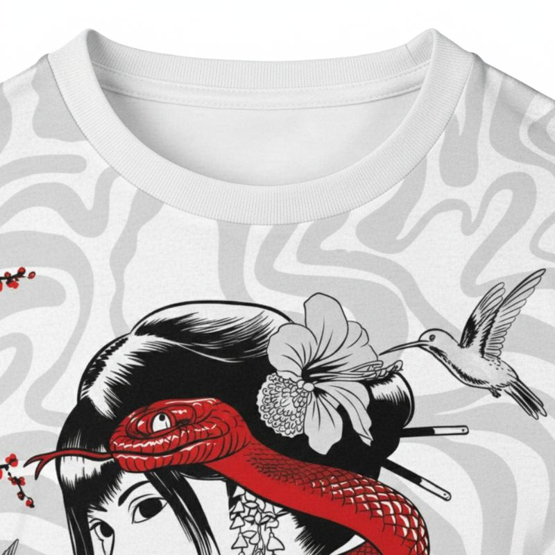 T-Shirt Japonais En Blanc Avec Femme Geisha Et Fleurs Lotus