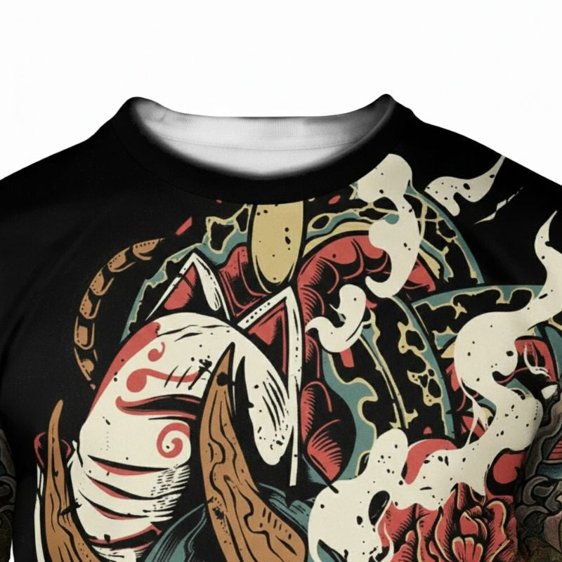 T-Shirt Japonais En Noir Avec Masque Oni Et Illustration Démon