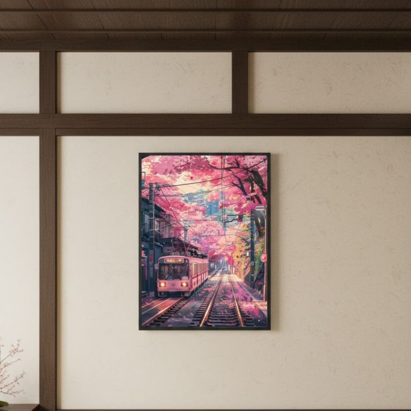 Tableau Japonais Décoratif Avec Train Et Ambiance Printemps