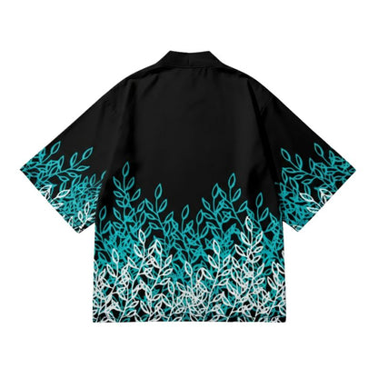 Haori Femme Noir En Motif Feuillage Bleu Et Blanc
