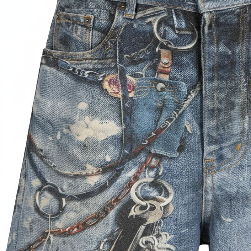 Short Japonais Homme Jean Imprimé Chaînes