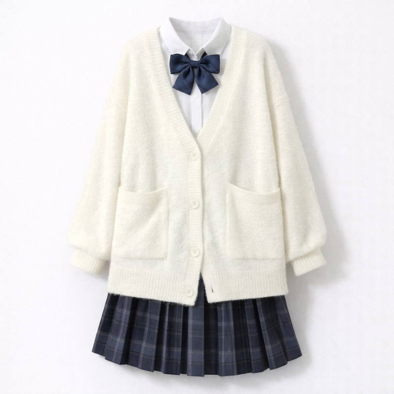 Uniforme Japonais Étudiante Avec Cardigan Oversize Et Jupe Plissée