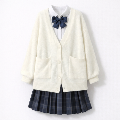 Uniforme Japonais Étudiante Avec Cardigan Oversize Et Jupe Plissée