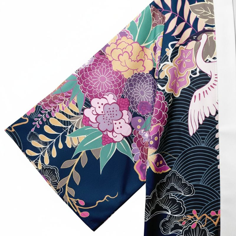 Haori Homme Japonais Motifs Floraux et Grues Symboliques
