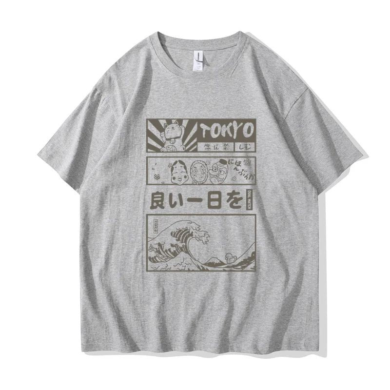T-Shirt Japonais Avec Illustrations Tokyo Et Vagues Rétro