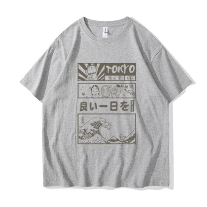 T-Shirt Japonais Avec Illustrations Tokyo Et Vagues Rétro