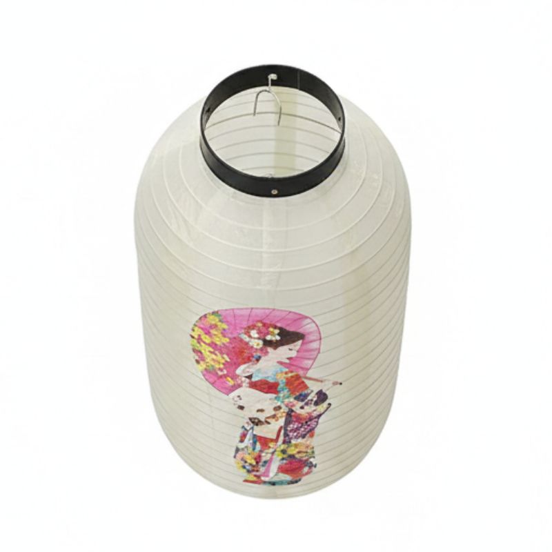 Lanterne Japonaise Blanche Avec Motif Geisha Et Ombrelle