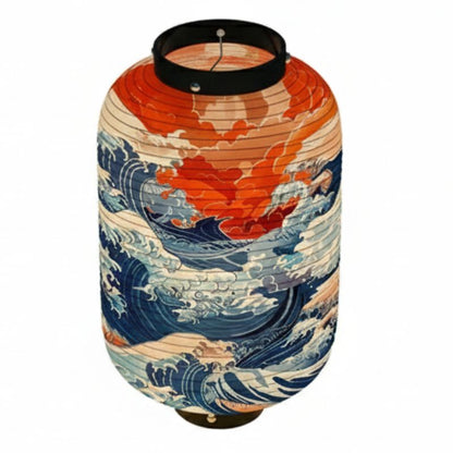 Lanterne Japonaise Motif Grande Vague Et Ciel Rouge