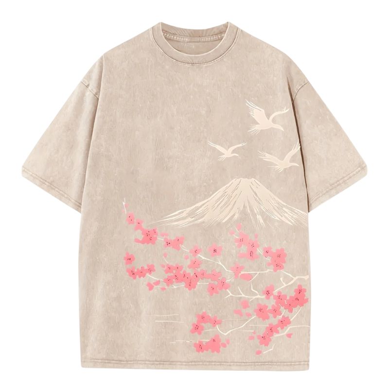 T-Shirt Japonais Avec Mont Fuji Et Fleurs Sakura