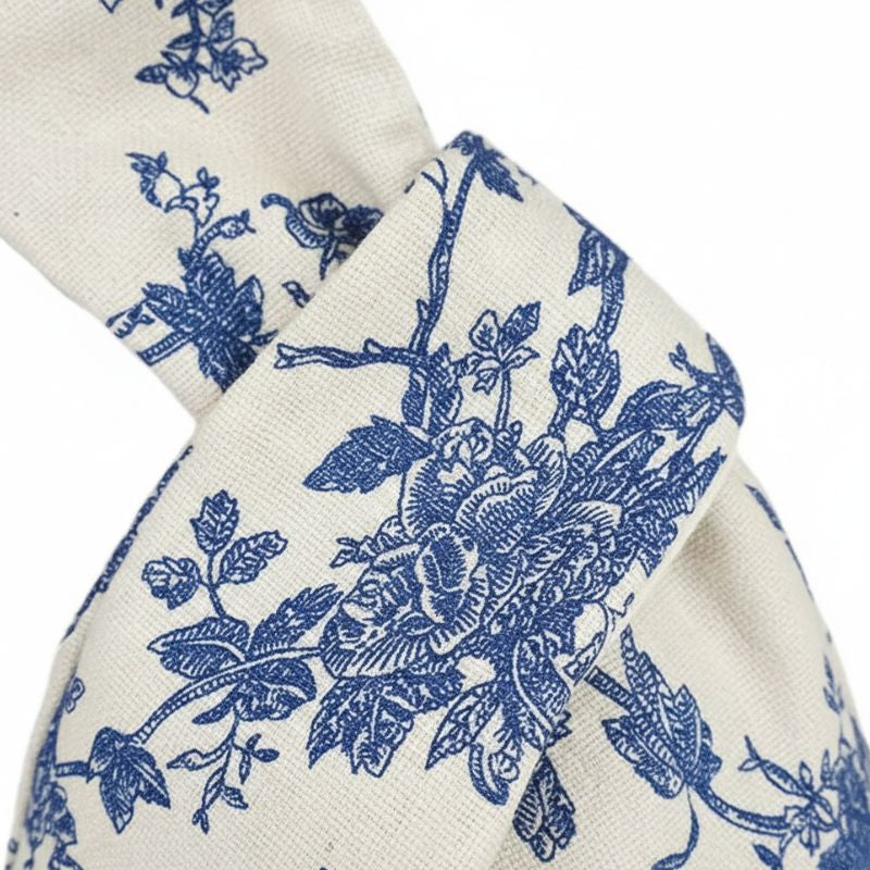 Sac Japonais En Toile Écrue Avec Imprimé Fleurs Bleues
