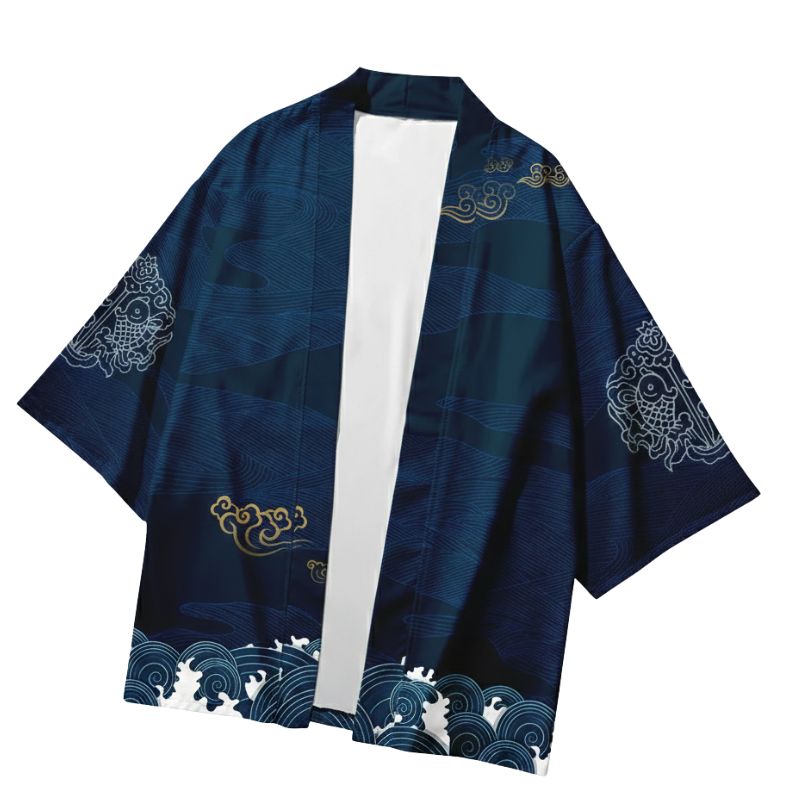 Haori Homme Japonais Bleu Marine Motif Vagues et Nuages