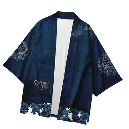 Haori Homme Japonais Bleu Marine Motif Vagues et Nuages