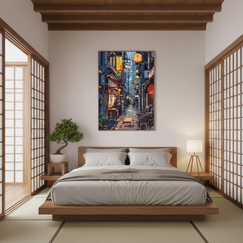 Tableau Japonais Avec Ruelle De Tokyo Et Lanternes Traditionnelles