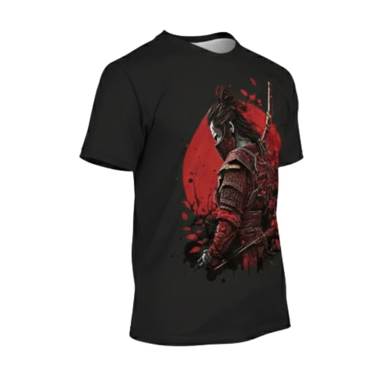 T-Shirt Japonais En Noir Avec Samouraï Armuré Et Soleil Rouge