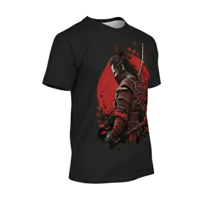 T-Shirt Japonais En Noir Avec Samouraï Armuré Et Soleil Rouge