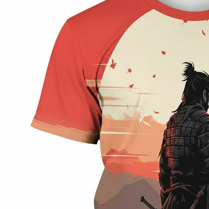 T-Shirt Japonais Avec Samouraï Face Au Soleil Couchant