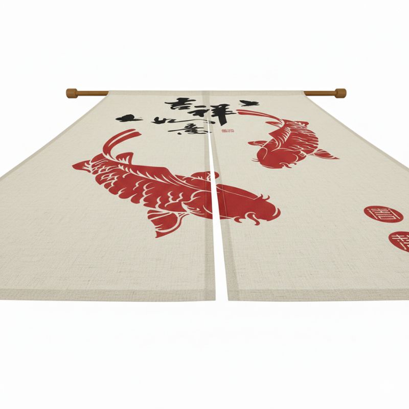 Noren Japonais Avec Carpes Koï Rouges Et Calligraphie Porte Bonheur