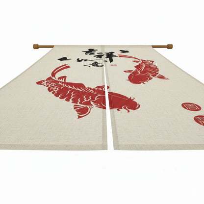 Noren Japonais Avec Carpes Koï Rouges Et Calligraphie Porte Bonheur