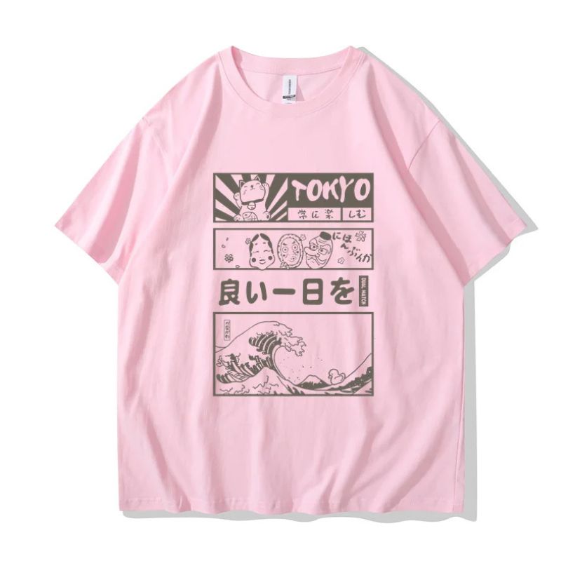 T-Shirt Japonais Avec Illustrations Tokyo Et Vagues Rétro