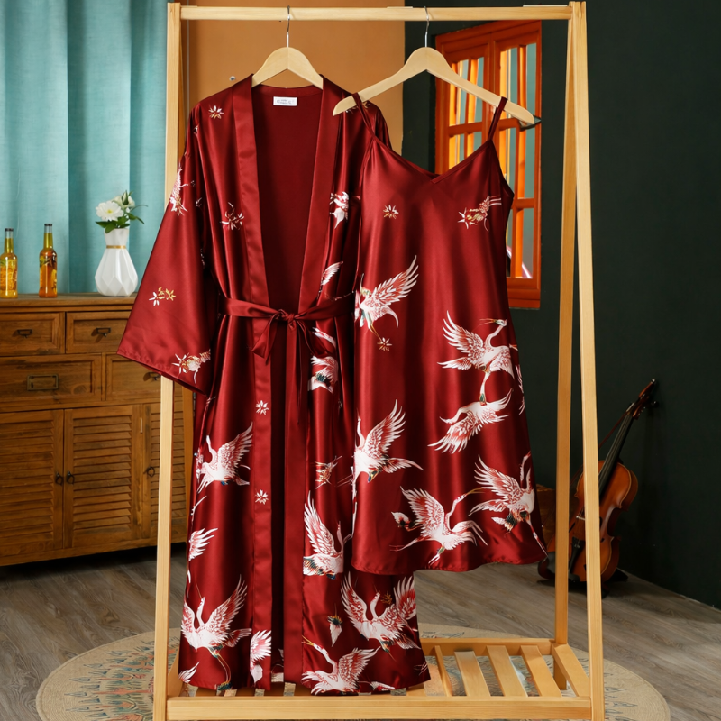 Ensemble Kimono En Satin Avec Motifs Grues
