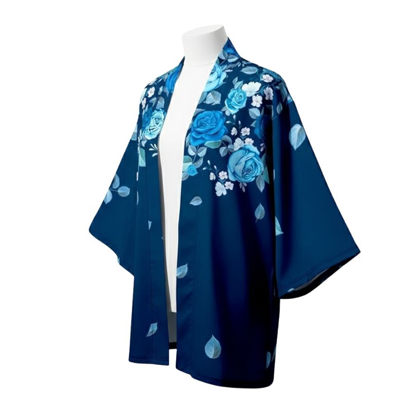 Haori Femme Bleu Marine En Motif Roses Élégantes