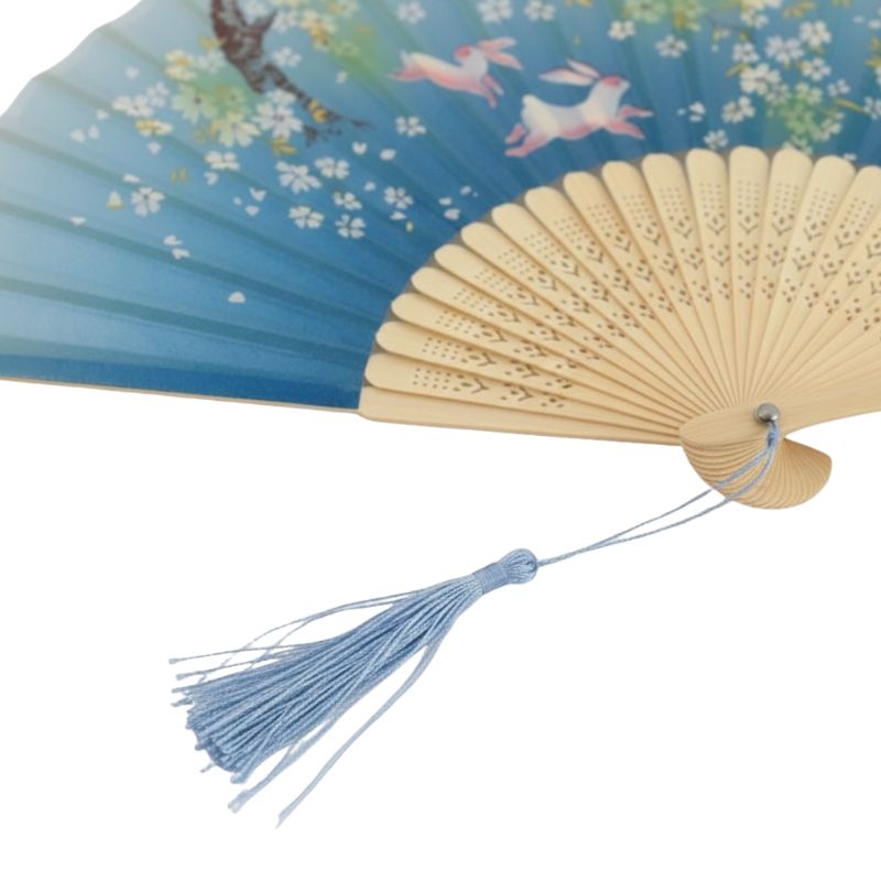 Éventail Japonais Bleu Dégradé Avec Motif Lapins Et Fleurs