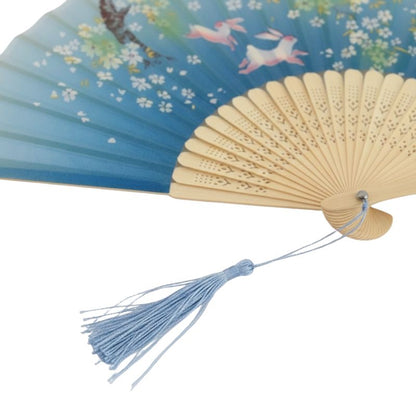 Éventail Japonais Bleu Dégradé Avec Motif Lapins Et Fleurs