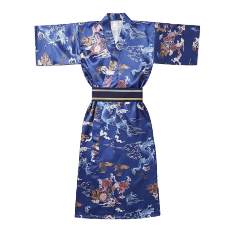 Kimono Japonais Bleu Satiné Avec Motifs Dragons