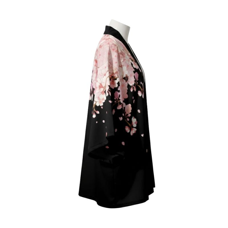 Haori Femme Noir Et Rose En Motif Fleur De Cerisier
