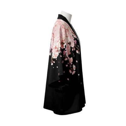 Haori Femme Noir Et Rose En Motif Fleur De Cerisier