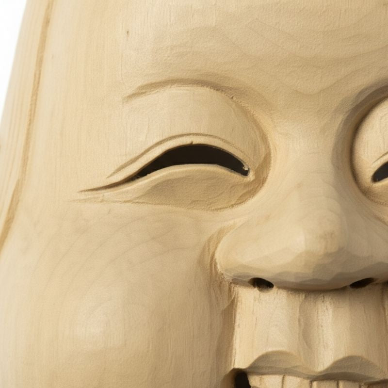 Masque Nô En Bois Sculpté Avec Visage Souriant