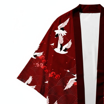 Haori Homme Japonais Rouge Grues Blanches et Motifs Seigaiha