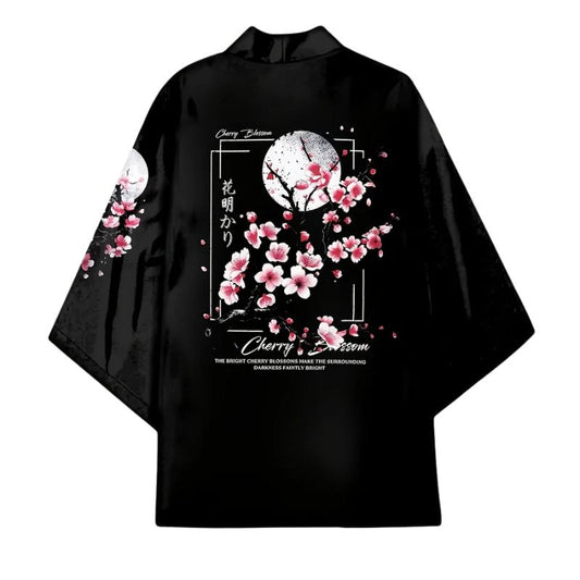 Veste Kimono Noir En Motif Fleur De Cerisier