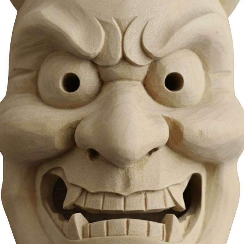 Masque Nô En Bois Sculpté Avec Cornes Longues