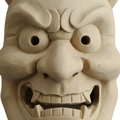Masque Nô En Bois Sculpté Avec Cornes Longues