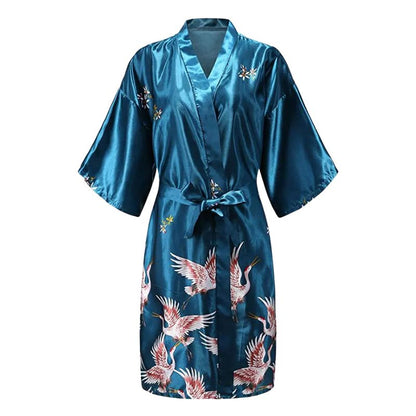 Kimono De Nuit En Satin Avec Motifs Grues Japonaises Élégantes