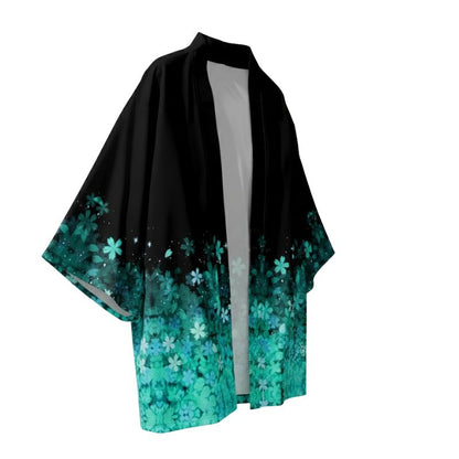 Haori Femme Noir En Motif Fleurs Turquoise Dégradé