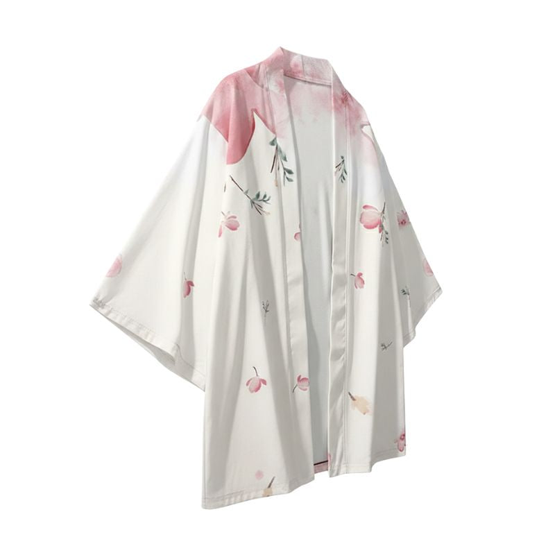 Haori Femme Blanc En Motif Fleurs Roses Délicates
