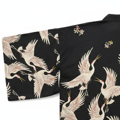 Veste Kimono Noir En Motif Grues Japonaises