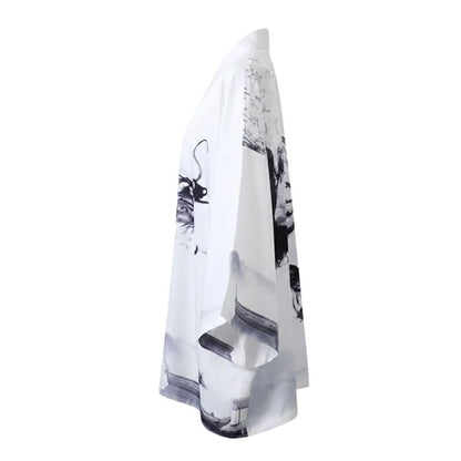 Veste Kimono Blanc En Motif Encre Japonaise Artistique
