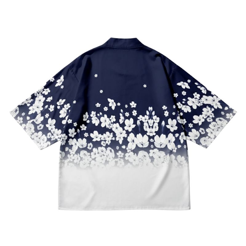 Haori Femme Bleu En Motif Fleurs Blanches Dégradé