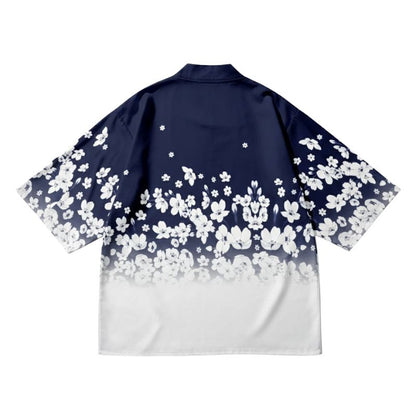 Haori Femme Bleu En Motif Fleurs Blanches Dégradé