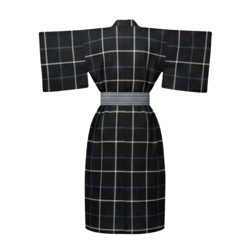 Kimono Japonais Long À Carreaux Avec Ceinture Obi Élégante