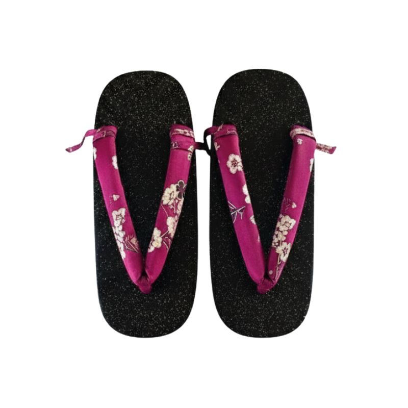 Sandales Geta En Bois Noir Pailleté Avec Lanière Fleurie