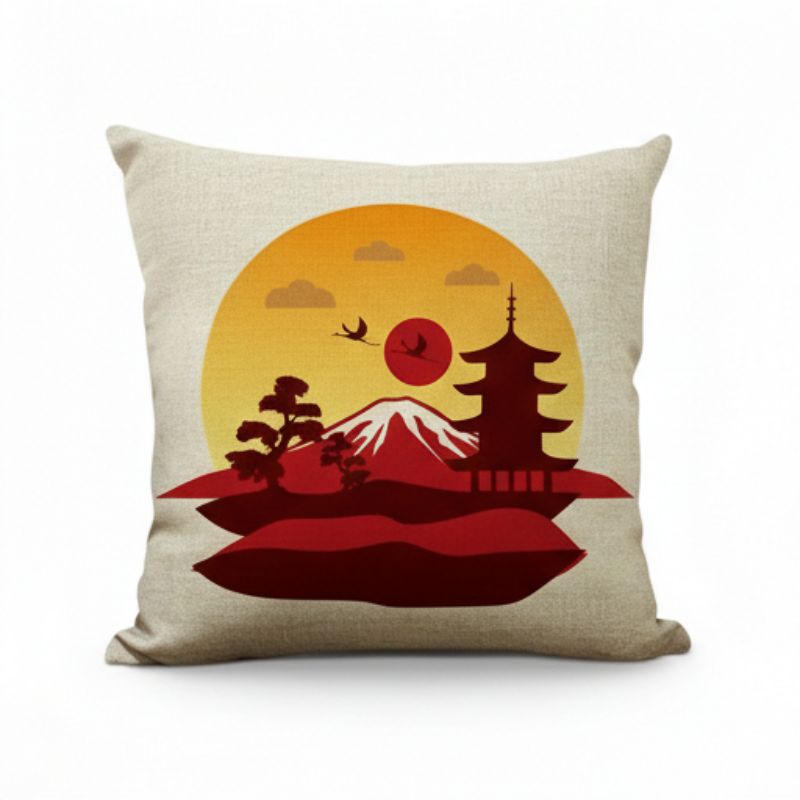 Coussin Japonais Carré Motif Mont Fuji Et Pagode Au Soleil Couchant